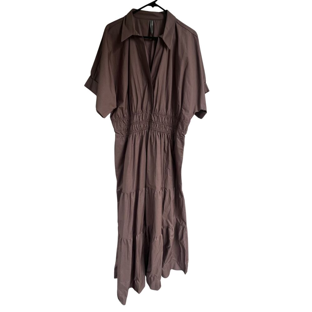 Anthropologie Somerset Dress Size XL Brown Maxi Shirt Poplin Tiered Pockets - Picture 2 of 4